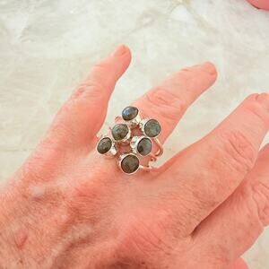 Labradorite Cluster Ring 925 Silver Plated Adjustable, Statement, Boho